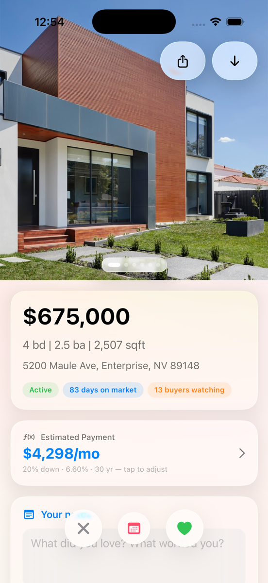 An expanded home listing showing the price, beds and baths, days on market, and an estimated monthly payment of $4,298.