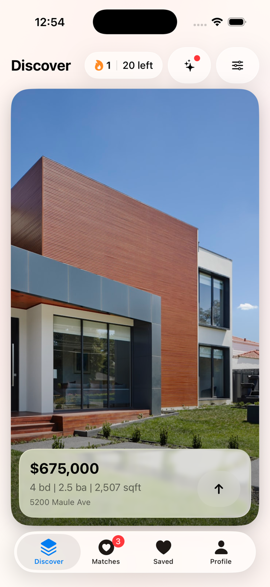 The Hausmatch swipe deck showing a full-screen photo of a home with its price, beds, baths, and square footage.