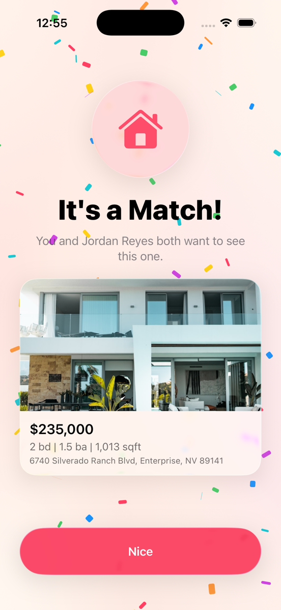 An 'It's a Match!' celebration screen with confetti, showing a home that both partners liked.