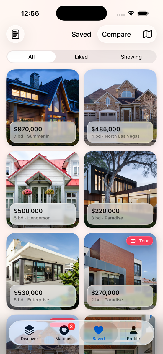 The Saved tab in Hausmatch, showing a grid of saved homes with prices and neighbourhoods.