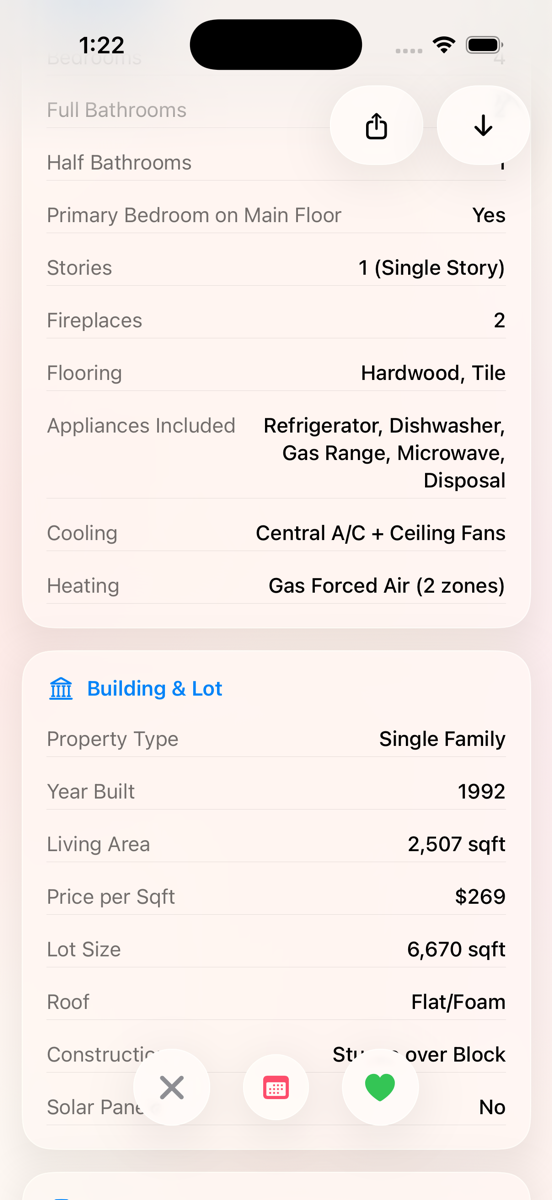 A property detail screen listing bedrooms, bathrooms, primary bedroom on main floor, stories, fireplaces, flooring, appliances, cooling, and heating.